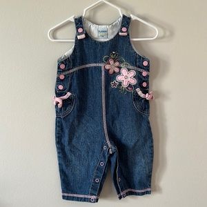 Please Mum Jean Overalls. 3 months. Cute pink buttons and flower appliqués.
